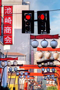 Japanese lanterns in Liberdade Avenue. It is the world's largest ethnic Japanese community outside Japan. The Japanese presence in the neighborhood begun in 1912. S&atilde;o Paulo City, Brazil, 2018