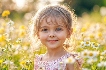 The image shows a young girl with blonde hair standing in a field of daisies and other wildflowers
