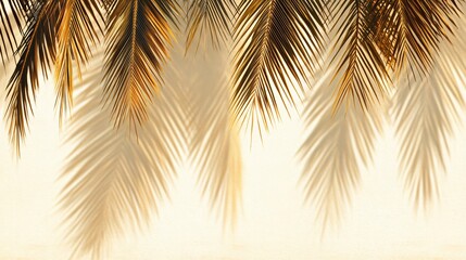 Obraz premium Golden Palm Leaves Shadows on Beige Wall Summer Background