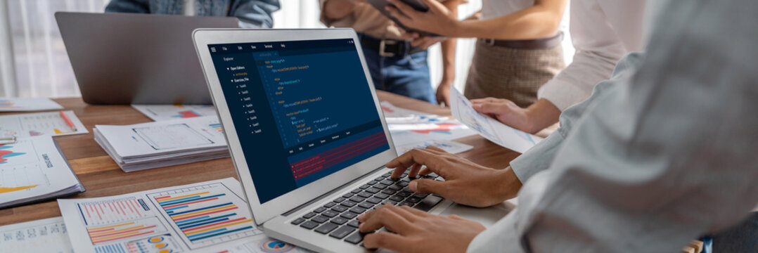 Software development programming on computer screen for brisk application and program coding
