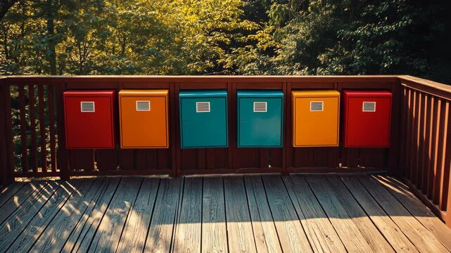 Colorful mailboxes lined up on a wooden deck surrounded by lush greenery during golden hour