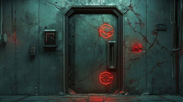 Sci-fi metal door with red glowing patterns and a control panel next to it - Powered by Adobe