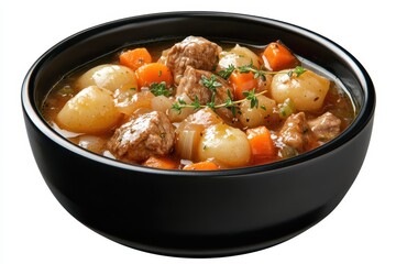 Classic Irish lamb stew served in a black bowl against a dark backdrop featuring potatoes