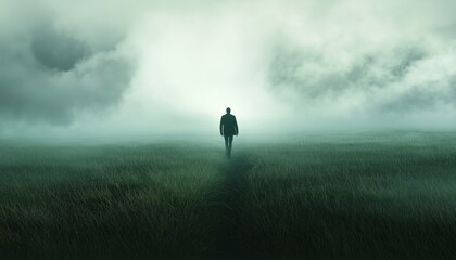 Fototapeta premium Lonely Man Strolling Through Expansive Grassy Field Outdoors. Embracing Solitude Amidst Nature'S Beauty And Vastness On A Serene Day.