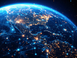 Obraz premium From space beautiful sunrise with clouds and city lights on Earth