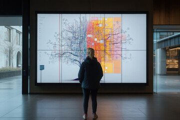 Person observing an interactive digital art display featuring a tree in a modern interior space