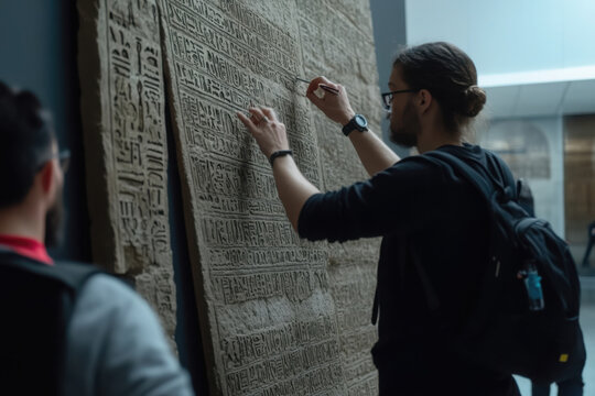 Individual analyzes ancient technical device for reading and transmitting inscriptions at cultural exhibition