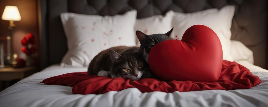 Akira curled up on a cozy bed with a giant stuffed red heart, snuggling, indoor