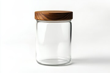Clear glass jar with wooden lid on white background