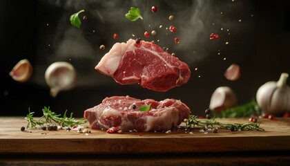 Raw Pork Steaks Flying With Cooking Ingredients On Wooden Board In Low Gravity Mode. High Resolution Image Of Food Preparation.