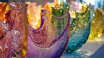 Vibrant handcrafted glass art: shimmering rainbow bowls in sunlit display - Powered by Adobe