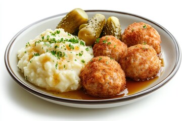 Fototapeta premium Close up of a breaded Czech pork meatball with cheese served with mashed potatoes and pic