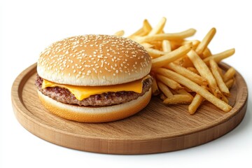 Close up of a burger on a wooden platter with fries behind it