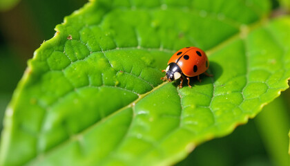 Fototapeta premium Ladybug on green leaf