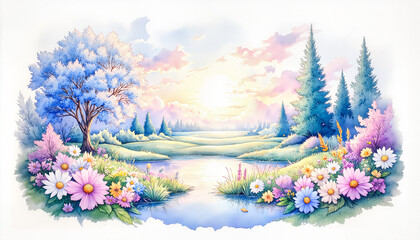 Watercolor landscape with flowers and trees by a serene lake