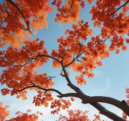 A sprawling branch of maple tree covered in bright orange and red leaves against a pale blue sky, fall foliage, maple tree, nature scenes