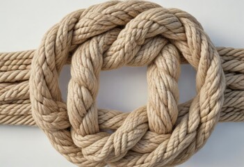 Obraz premium A square knot in hemp rope on a smooth white surface , nautical, hemp rope