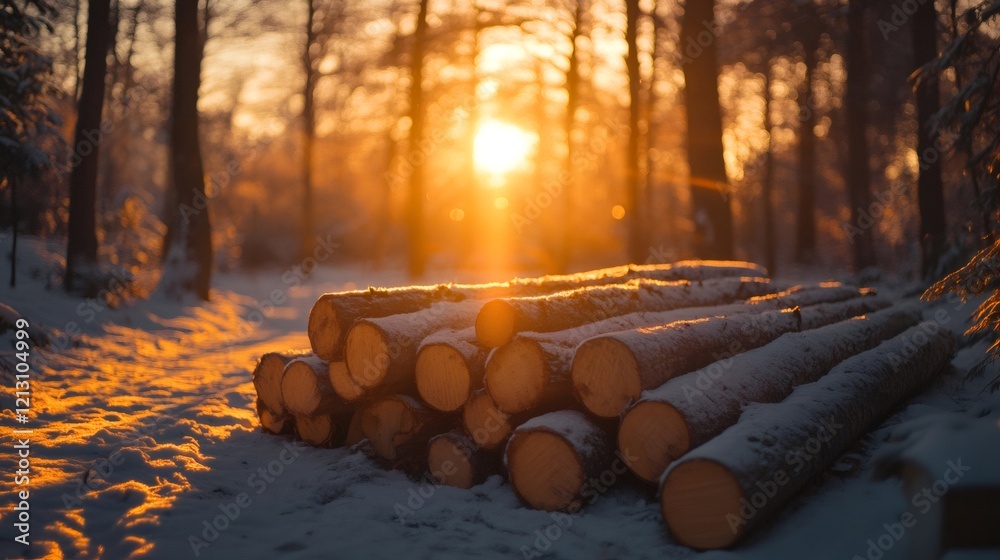 Poster snowy logs in forest at sunset creating warm atmosphere