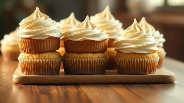 A stack of moist and fluffy vanilla cupcakes arranged on a wooden table on a soft focus, , vanilla cupcakes, natural finish