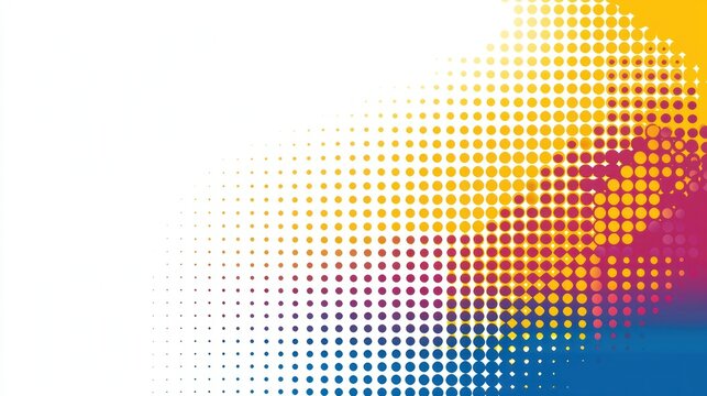Colorful halftone dots gradient background fading to white.