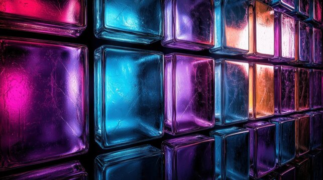 Colorful glass block wall with neon background light.