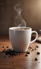A steaming hot beverage in a white cup with a single coffee bean floating on top, coffee beans, warm colors, cozy atmosphere