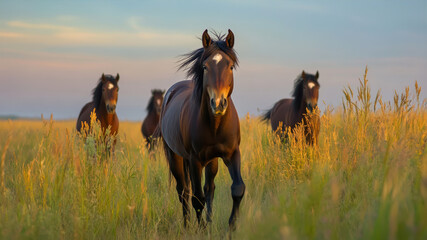 Fototapeta premium Wild Horses Gallop Through Golden Grasses Under a Vibrant Sunset Sky in the Expansive Steppe