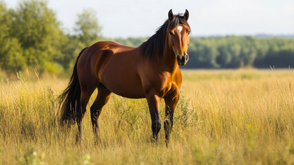 Fototapeta premium Majestic Wild Horse Stands Proud in the Golden Grasslands of the Steppe Under the Warm Sun at Midday