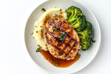 Close up top view of healthy grilled chicken breast mashed potatoes and broccoli on a pl