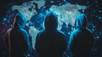 Hacker are planning to hack and attack networks and cyber security systems.team people innovation connection of line from nail node to node on map background , networking concept