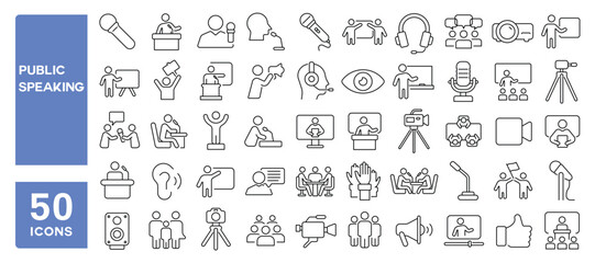 Set of 50 line icons related to public speaking, conference, speaker, presentation, event, audience, microphone, discussion, election, press, podium, Editable stroke. Vector illustration