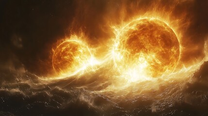 Fiery Celestial Bodies Colliding Over Turbulent Waters
