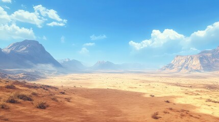 Fototapeta premium Expansive desert landscape under a bright blue sky with scattered clouds and distant mountains