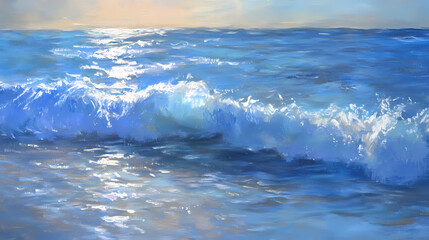 Fototapeta premium A close-up view of gentle waves on a tranquil sea, showcasing the shimmering blue water under soft light. Shimmering Shores. Illustration