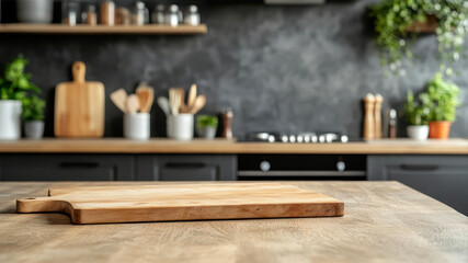 Creating Culinary Magic on a Rustic Wooden Board in a Sleek Modern Kitchen Space