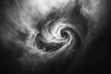 Abstract grayscale image depicting a swirling vortex of clouds or smoke, resembling a cosmic nebula.