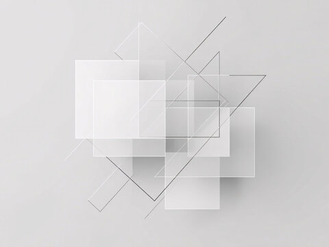 A minimalist abstract design featuring intersecting geometric shapes and subtle gradients on a clean white background.