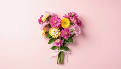 Bouquet of colorful chrysanthemums on pink background with copy space for text