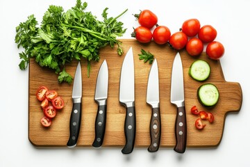 collection of fresh kitchen knives on a wooden board with veggies