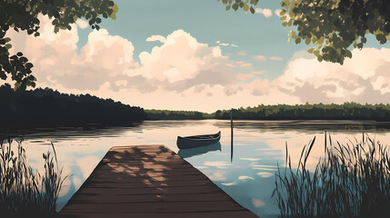 A serene lakeside view with a wooden dock, a kayak, and the shimmering reflection of a bright summer sky.". Shimmering Shores. Illustration