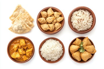 Fototapeta premium Collection of Indian dishes viewed from above on a white background featuring momos butt