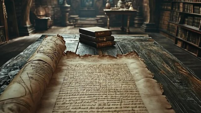 Ancient scroll and books on rustic wooden table in historic library setting with warm lighting