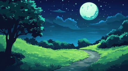Serene Nighttime Landscape With Winding Path And Full Moon