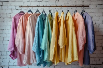 Color coordinated women s blouses and shirts hang on a brick wall showcasing a stylish wa