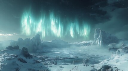 Alien Ice Planet Aurora Lightscape Fantasy Scene