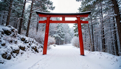 Red torii gate framing snowy winter path in tranquil forest, peace