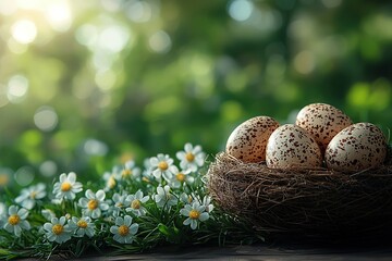 Fototapeta premium Basket with easter eggs on blurred green background