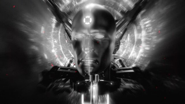 An Artificial Intelligence android head floating in tech space with glitch effects.