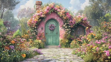 Fototapeta premium Flower-covered cottage, garden path, idyllic scene, dreamy background, fairytale home