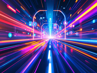 Obraz premium Vibrant, Speed, Motion, Blur, Lights, Neon, Futuristic, Dynamic, Energy, Fast, Colorful, Abstract, Road, Tunnel, Bright, Glowing, Movement, Rapid, Intense, Velocity, Hyperspace, Digital, Modern, Techn